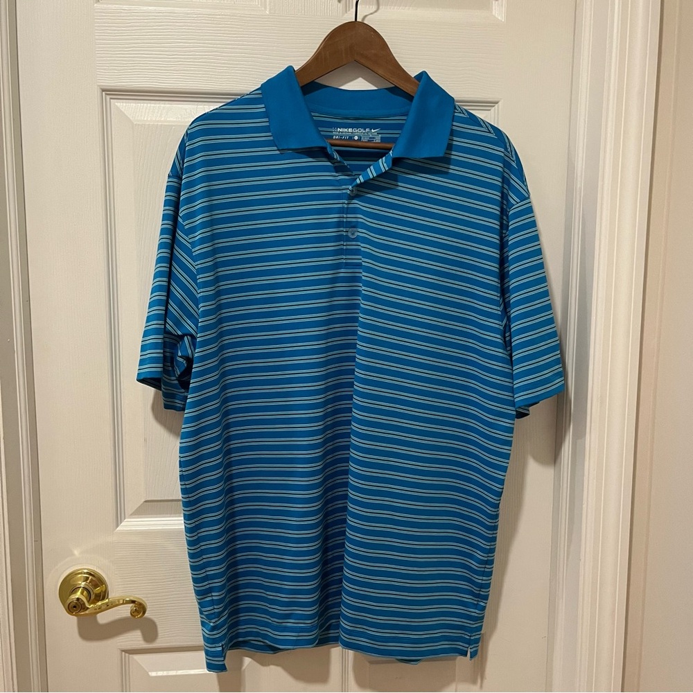 Nike Golf Dri-Fit Golf/Polo Shirt Teal Blue Striped Size L Comfortable Easy Care